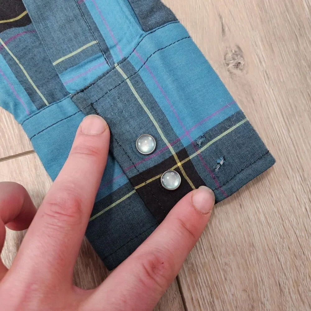 Ely Cattleman Vintage Pearl Snap Western Shirt Plaid Blue Men's Medium